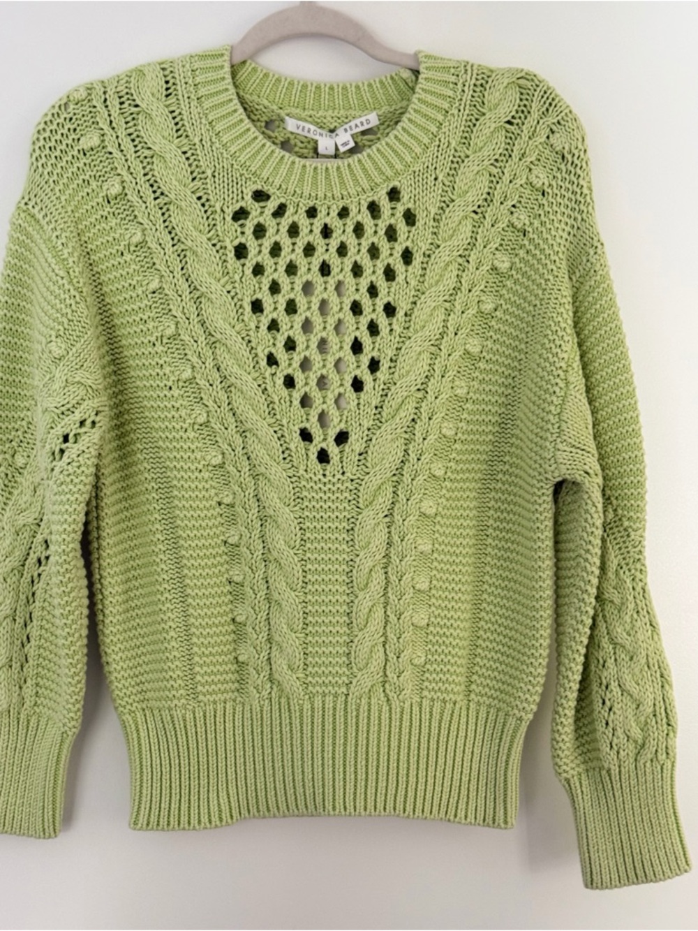 Veronica Beard Pistachio Openwork Cable Knit Sweater